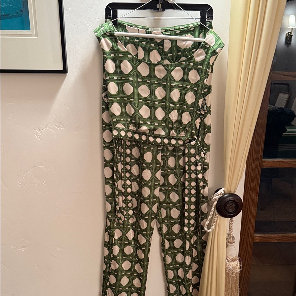 Misa Los Angeles Green and White Geometric Jumpsuit